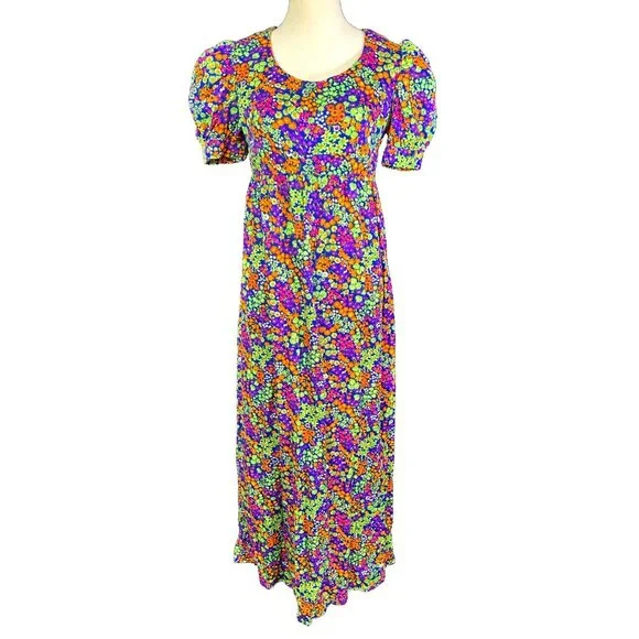 1960s / 1970s Handmade OOAK Neon Floral Psychedelic Day Glo Maxi Dress EUC - Picture 2 of 7